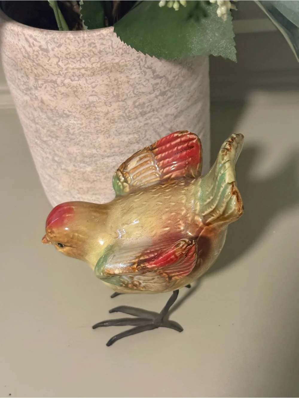 Vintage Glazed Ceramic Bird Figurine With Thin Metal Wire Legs